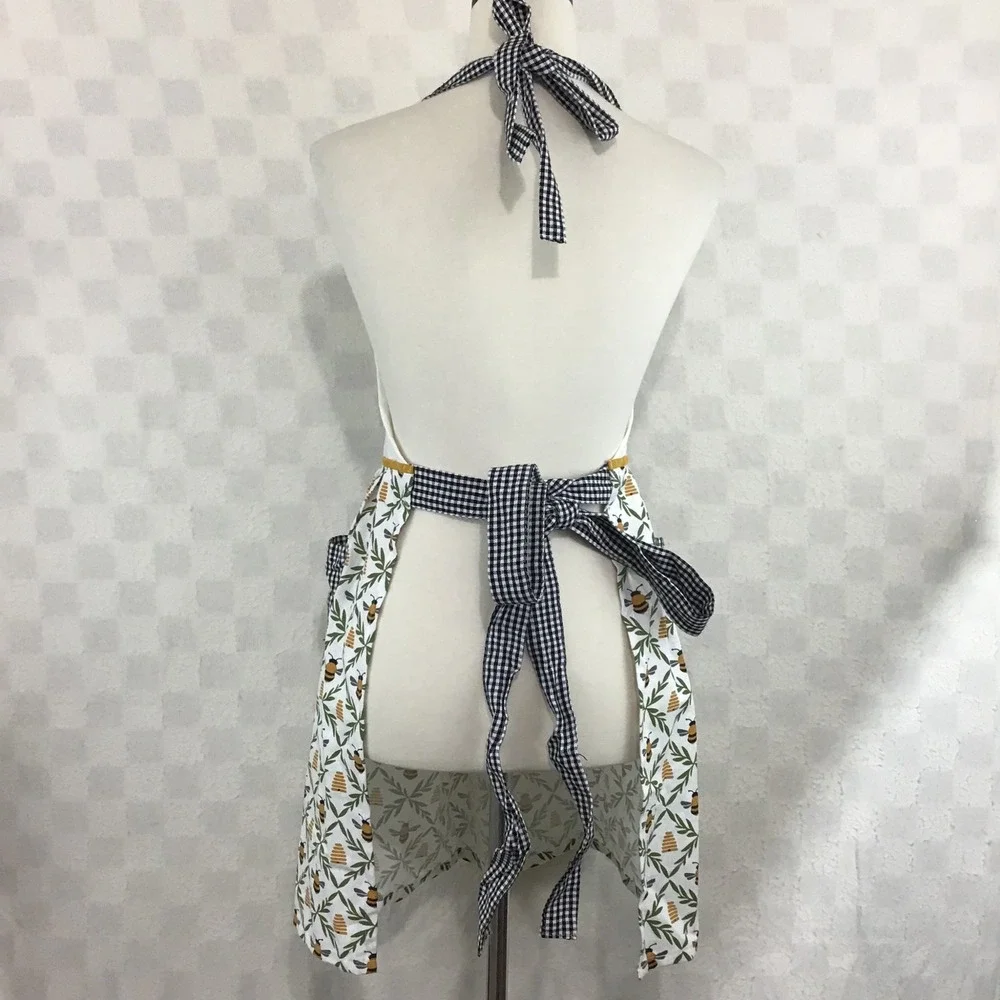 Market Square Bee‎ Kind Embroidered Apron Honeybee Gingham Pockets White Yellow